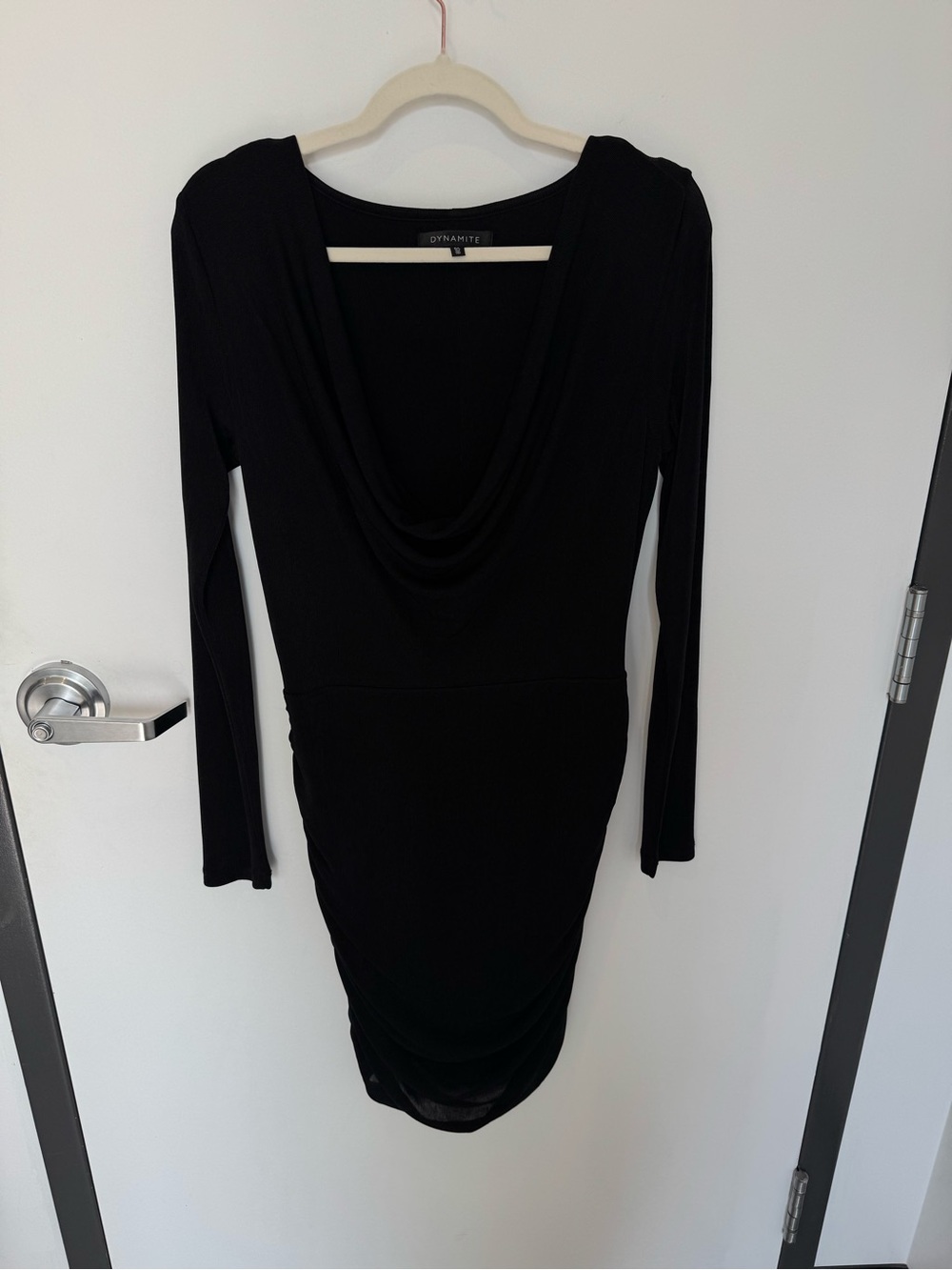 Dynamite Black Long Sleeve Cowl Neck Ruched Bodycon Mini Dress Large